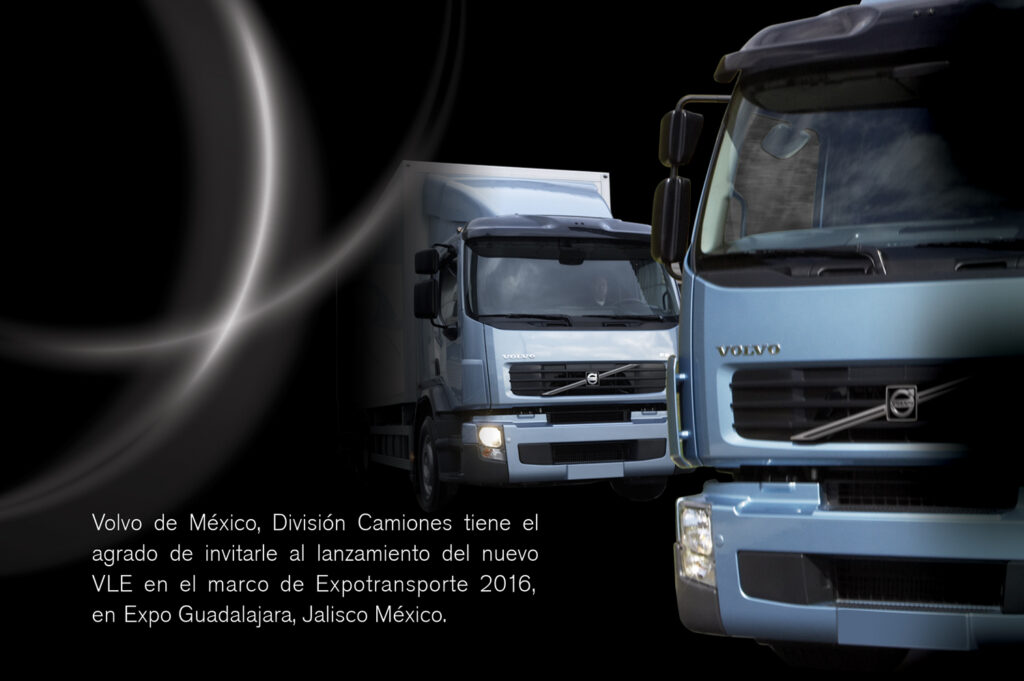 Depict a digital invitation for the launch of new Volvo Trucks